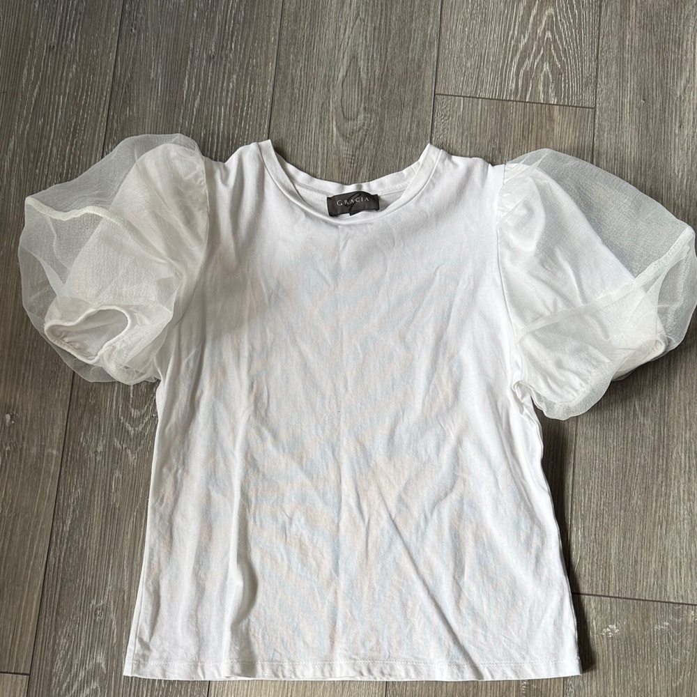 Gracia White Tulle Puff Sleeve Top